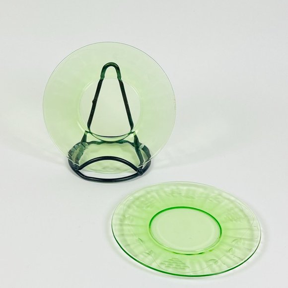 Vintage 2 Uranium Glass Green Depression Etched Floral Luncheon 8" Salad Plate - Picture 2 of 7